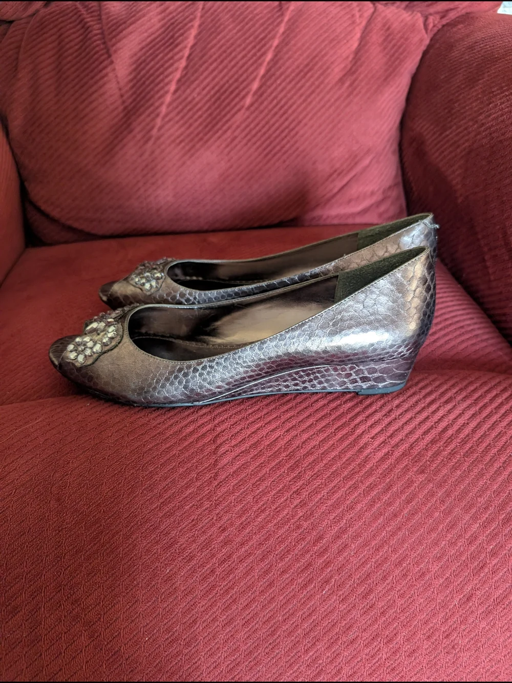 New Laura Ashley Jeweled Peep-Toe Wedges
